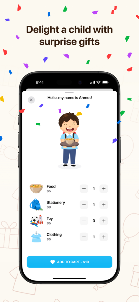 İHH İnsani Yardım Vakfı - Interface de l'application mobile pour faire des dons de cadeaux comme de la nourriture, des fournitures scolaires et des vêtements à un enfant dans le besoin.