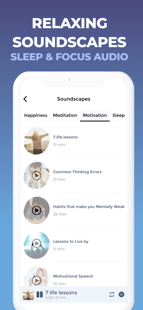 Mood Tracker Journal - Mood Tracker Journal app screenshot displaying relaxing soundscapes and motivational audio tracks for mental health