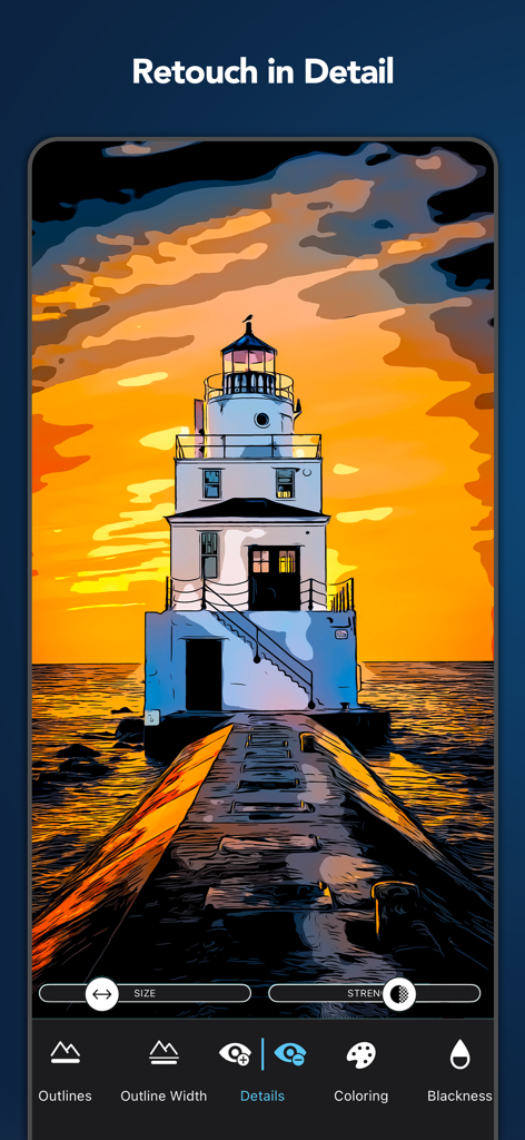 Editing a cartoon lighthouse photo in Clip2Comic