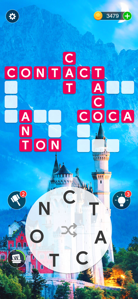 Kreuzworträtselbrett mit malerischem Schlosshintergrund im Spiel Crossword Journey