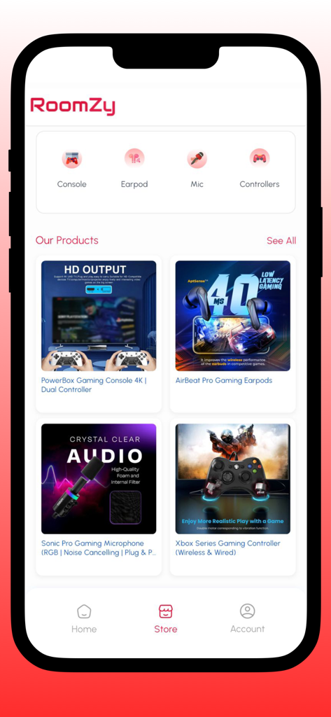 Roomzy mobile app store screen displaying gaming products including consoles earpods microphones and controllers