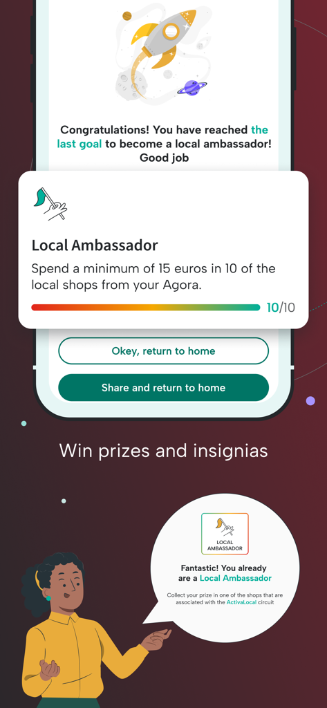eAgora - Mobile app screen showing a Local Ambassador badge and rewards for supporting local shops