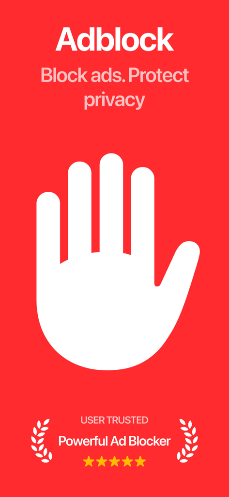 Ad Blocker for Browser . - A red promotional screen for an ad blocker app featuring a large white stop hand icon and privacy protection text.