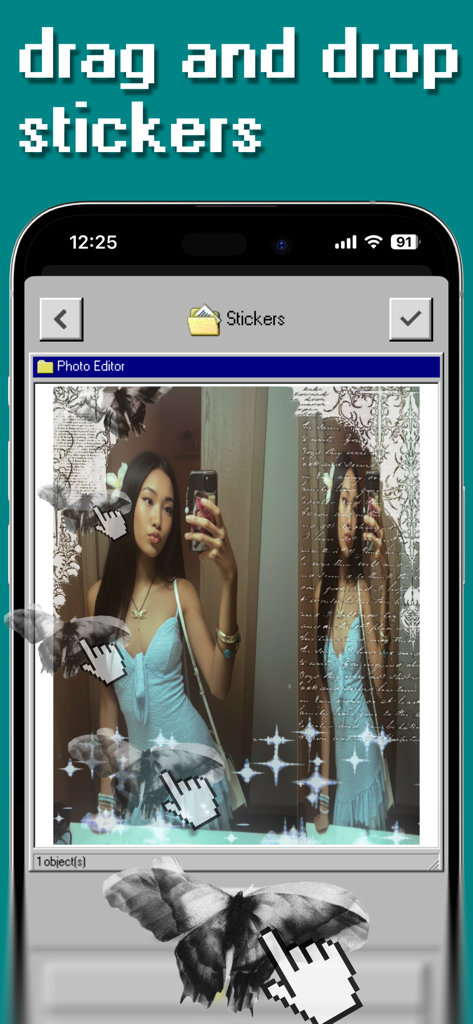 y2k: 2000s photo editor - Y2K photo editor app interface showing a mirror selfie with butterfly and sparkle stickers in a retro computer window.