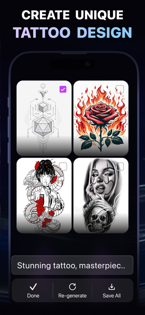 Artica - AI Art Generator - Interface of Artica app showing four unique AI-generated tattoo designs including a flaming rose and geometric patterns