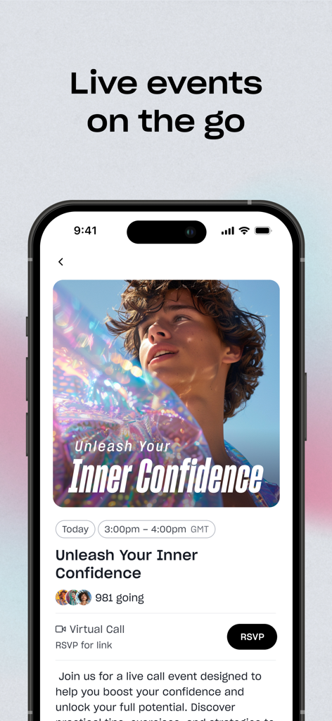 Mindvalley: Self Improvement - Mindvalley app interface showing a live virtual event titled Unleash Your Inner Confidence with an RSVP button and event details.