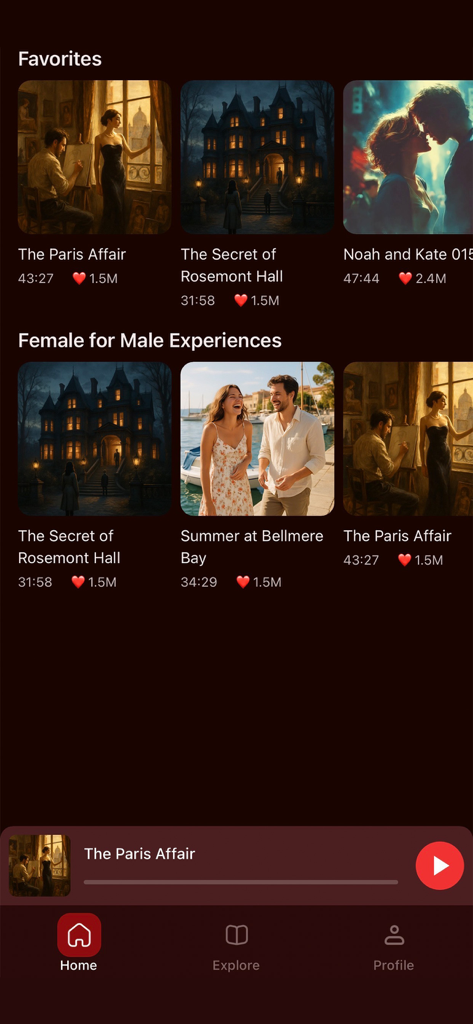 Home screen of the Whisper Stories app displaying a library of romantic audio stories with categories like Favorites and Female for Male Experiences