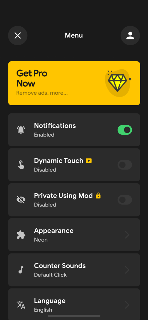 Menu screen of the Tasbih Counter Pro app with settings for notifications and appearance.