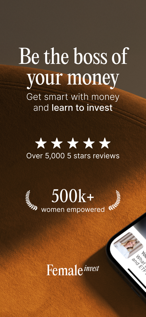 Female Invest - Schermata promozionale per l'app Female Invest con lo slogan Sii la capo del tuo denaro.