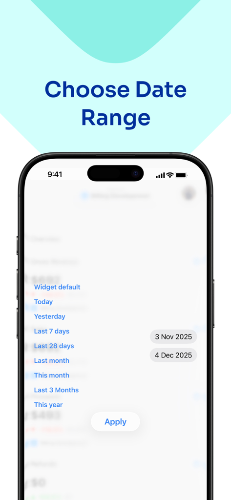 Apphud - the official app - Interfaz de la aplicación móvil Apphud para elegir un rango de fechas para rastrear análisis