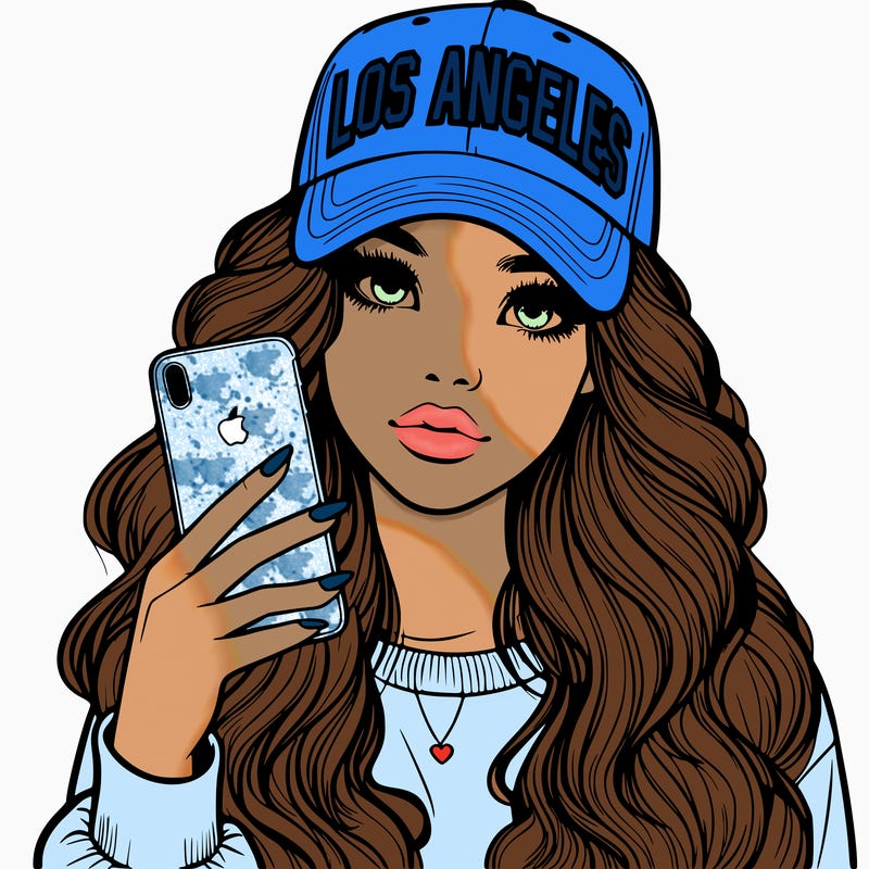 realistic beautiful girl wearing los ángeles cap holding an iphone