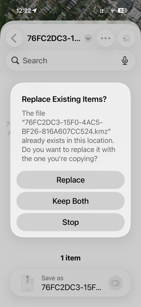 Mission Planner for DJI Drones - An iOS system alert asking to replace an existing KMZ drone mission file within the app