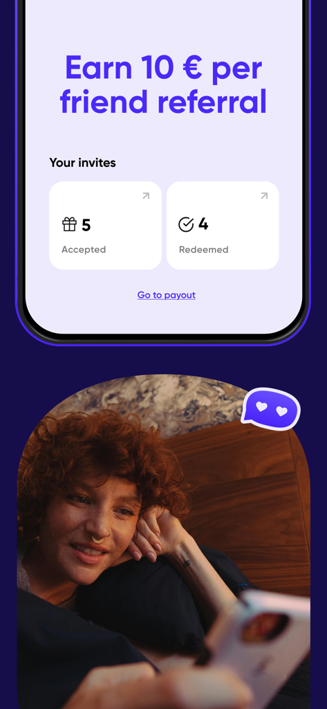 Steuerbot mobile app screen showing a 10 euro friend referral program and a happy user on her smartphone