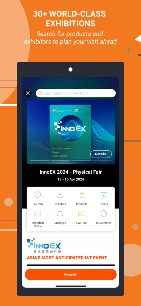 Interfaz de la aplicación HKTDC Marketplace que muestra los detalles de la exposición para InnoEX 2024 con iconos de productos de expositores y planos de pabellón