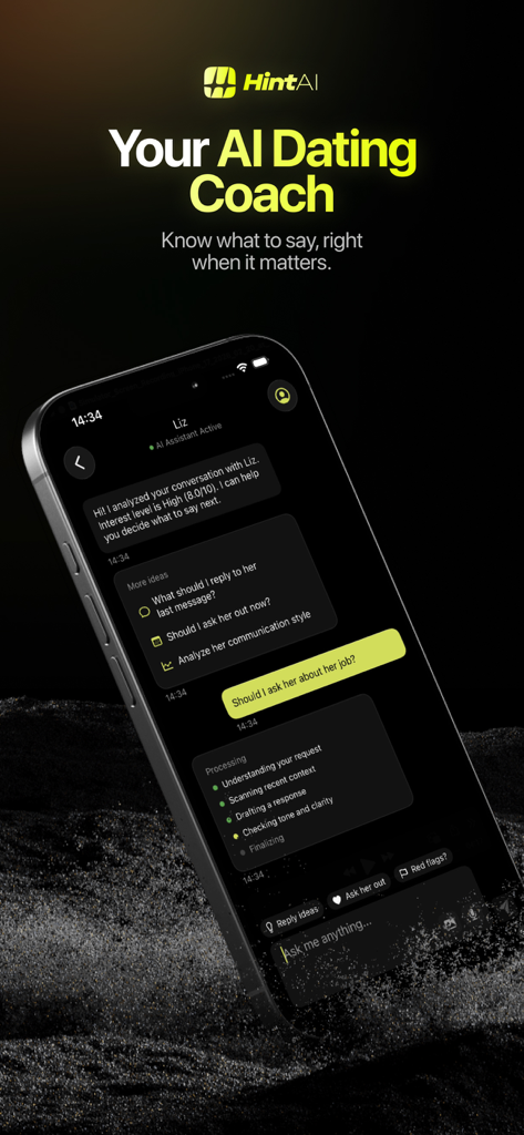 Hint AI: Dating Coach & Rizz - Hint AI dating coach app interface showing chat analysis and conversation suggestions