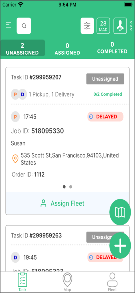 Interfaz de la aplicación Tookan Manager que muestra un panel de tareas de logística no asignadas y estados de entrega
