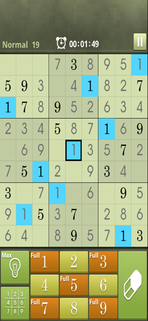 Pantalla del juego de Mundo Sudoku mostrando una cuadrícula de puzzle de 9x9 con resaltado de números y un panel de control.