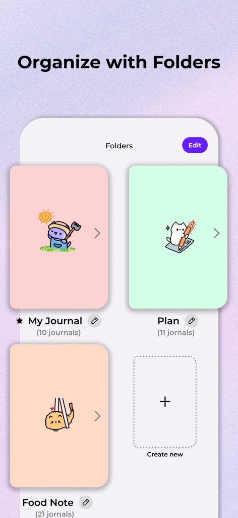 Interface of Miuu Note app showing organized journal folders with cute characters and pastel backgrounds.