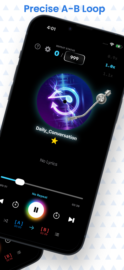 AB Repeater-  mp3 Music player - Mobile screen showing the AB Repeater app interface with precise A-B loop controls and playback speed settings