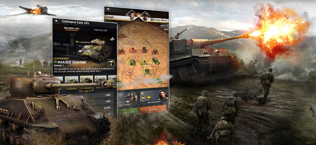 World War: Machines Conquest - World War Machines Conquest gameplay collage featuring Sherman tanks and tactical battle maps