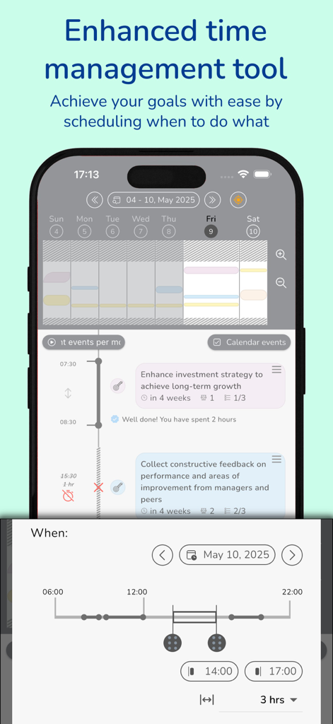 My OKR - Achieve What Matters - My OKRアプリの画面に、タスクスケジュールとカレンダービューを備えた強化された時間管理ツールが表示されています