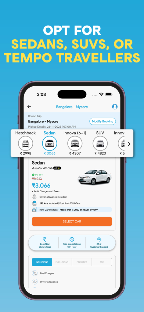 Savaari app interface showing vehicle selection for sedans SUVs and tempo travellers with transparent pricing