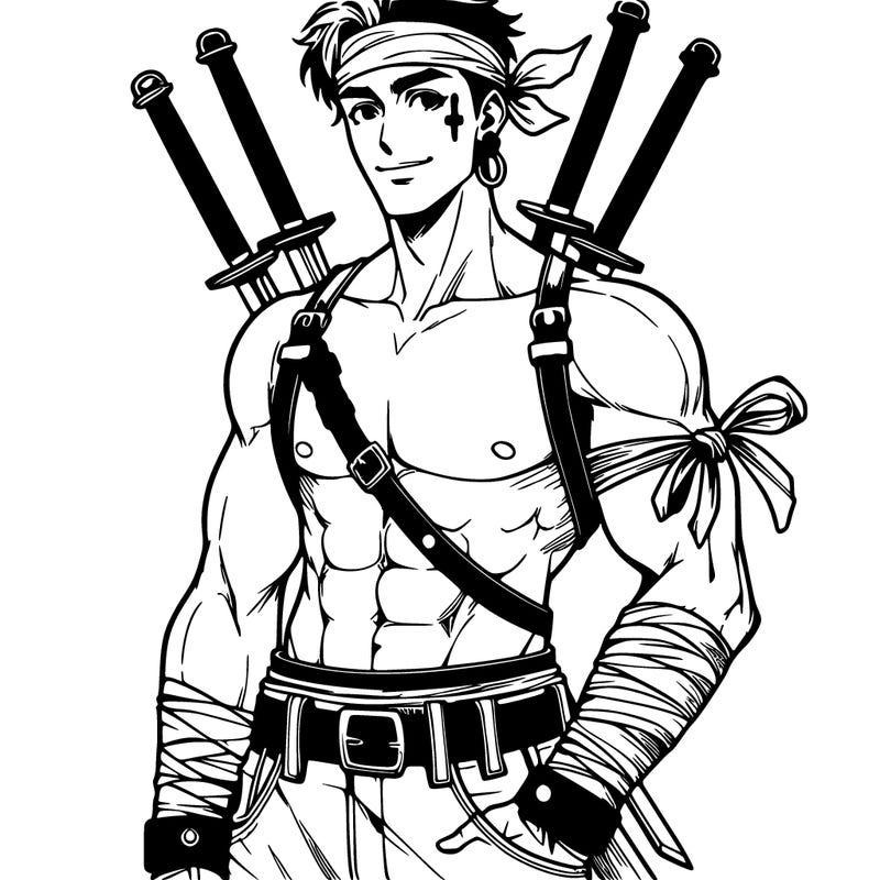 21 year old man, earring in his left ear, 3 swords on the right side of his belt, bandana tied on his left arm, pants, no shirt, hip warmer, abs, muscles