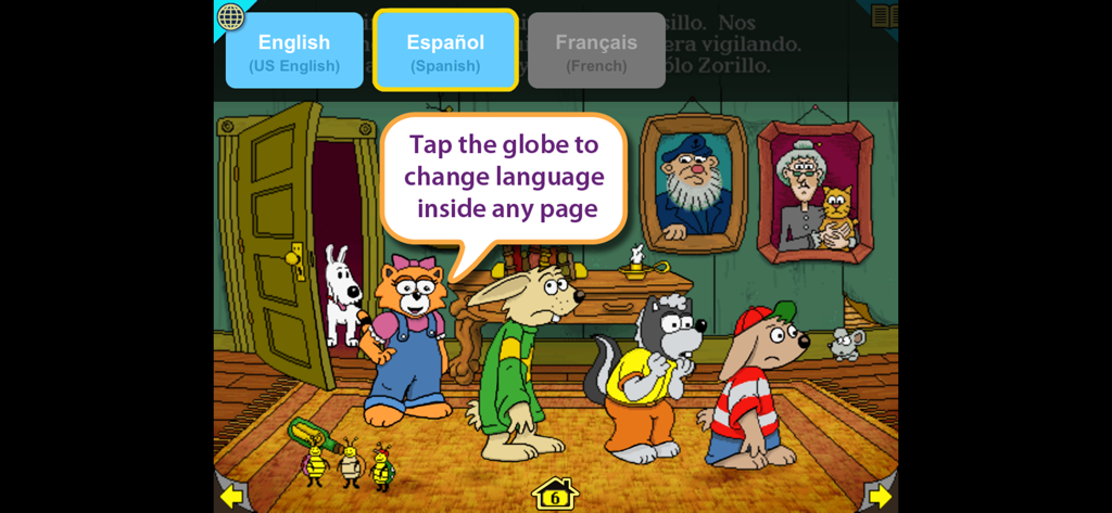 Menú de selección de idioma en la aplicación Harry y la Casa Embrujada que muestra opciones para inglés, español y francés
