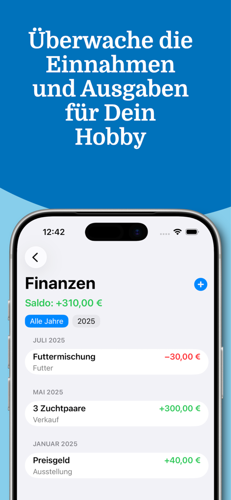 Pigeon Manager - Financial management screen showing income and expenses for pigeon breeding