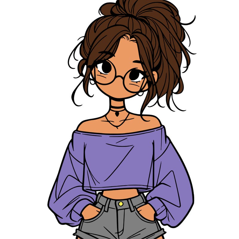 girl with a messy ponytail glasses a baggy crop top and jean shorts