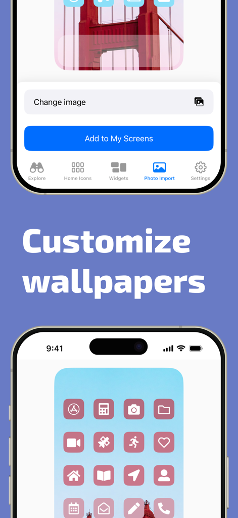 A mobile interface showing wallpaper and icon customization features