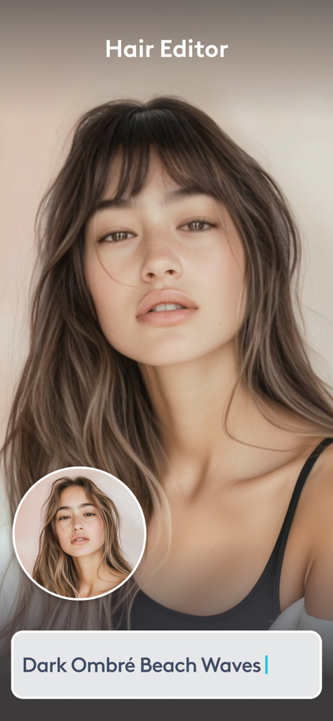 Facetune app interface showing a virtual hairstyle change to dark ombre beach waves