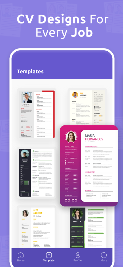 CV Maker: Resume Builder App - Eine Vielzahl professioneller und moderner Lebenslaufvorlagen für verschiedene Rollen in der App