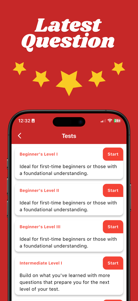 RTA Theory Test - Mobile app interface displaying various beginner and intermediate levels for the RTA theory practice test