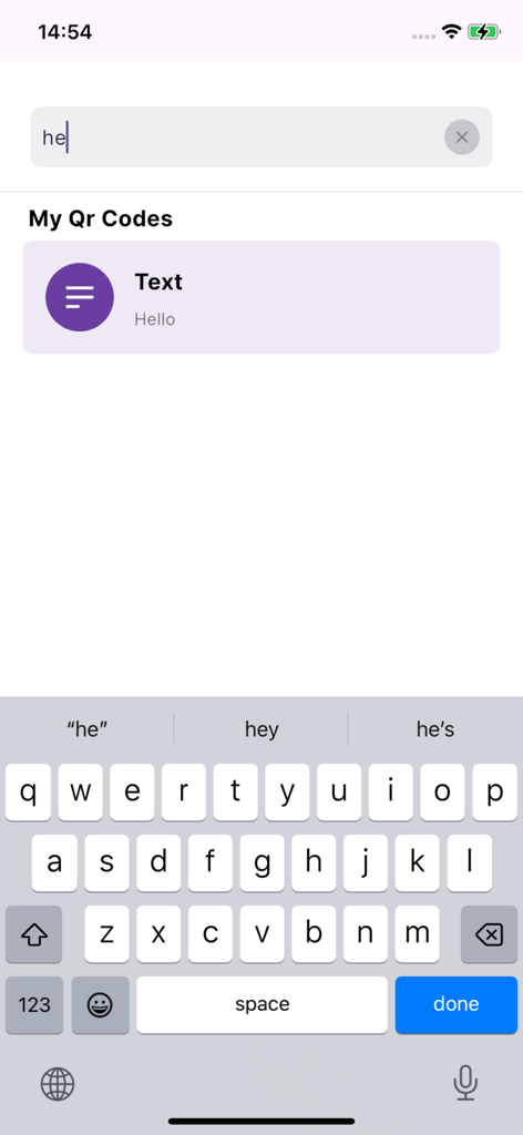 QRCode Scanner T - Search screen for saved QR codes in the QRCode Scanner T app