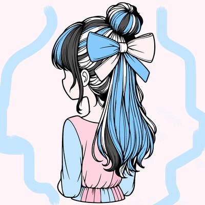 realistic girl  with hip length hair a bun and a big bow on the back of head