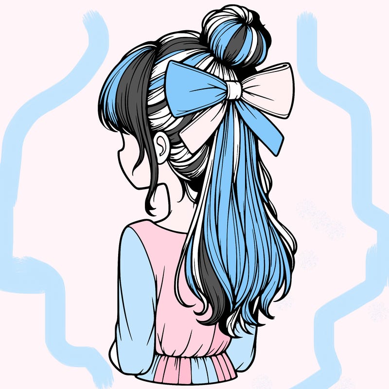realistic girl  with hip length hair a bun and a big bow on the back of head