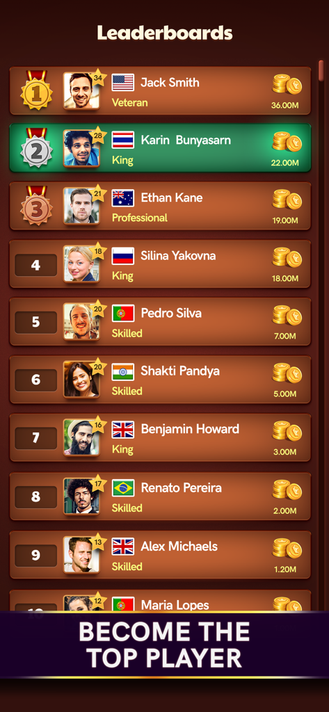 Placares globais no Carrom Pool mostrando os melhores jogadores classificados de diferentes países.