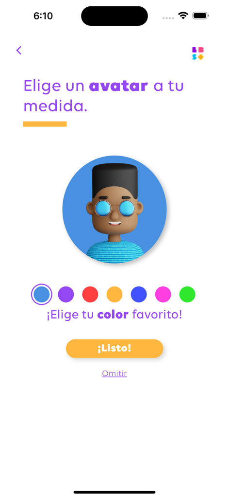 Avatar customization screen in the LBS Plus educational app allowing users to choose a character and favorite color