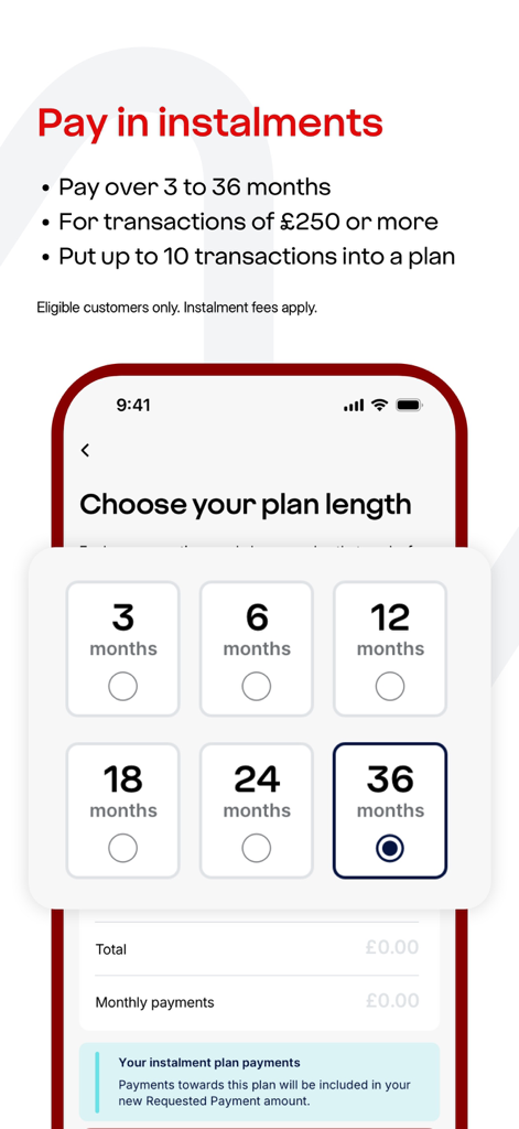 Virgin Money Credit Card - Screen from the Virgin Money app showing options to choose an instalment plan length from 3 to 36 months
