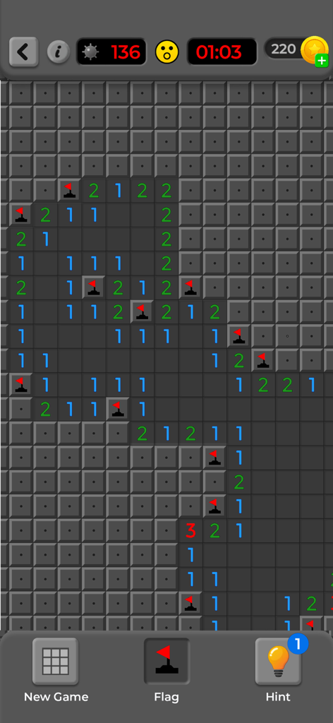 Classic Minesweeper game board with a grid of numbers and red flags