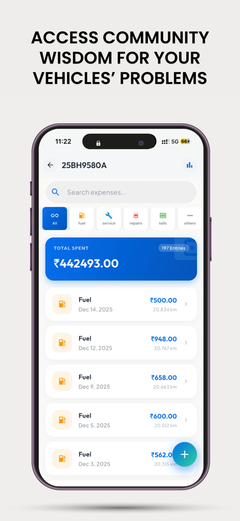 IDG: Autolokate - Mobile app screen showing a vehicle expense tracker with fuel entries and total spending