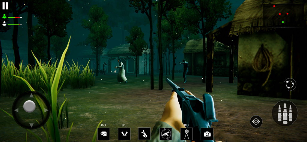 The Hunt Horror Multiplayer - First-person perspective of a player aiming a rifle in a dark spooky village at night in The Hunt Horror Multiplayer game
