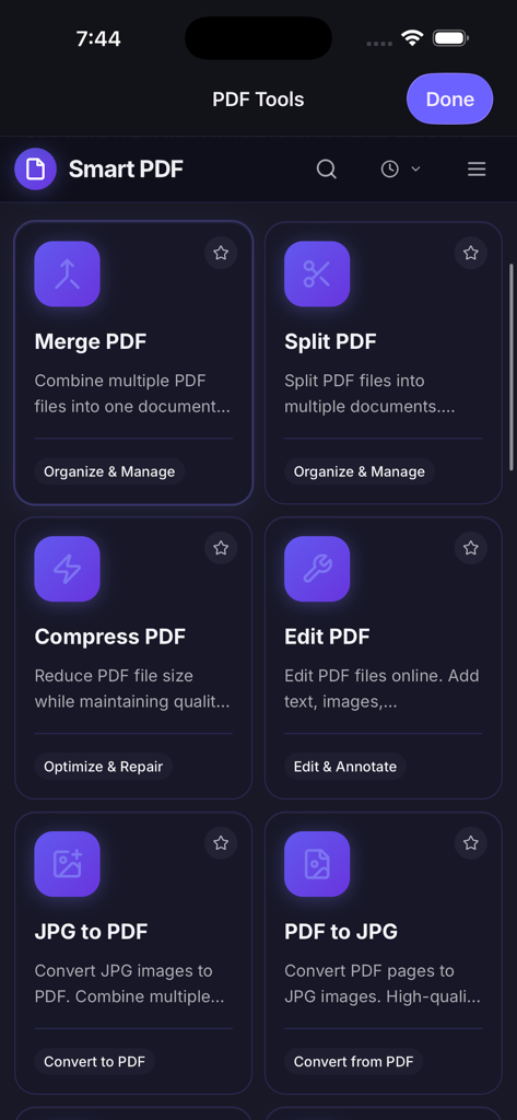 HP Smart Printer App : AiPrint - HP Smart PrinterアプリのPDFツールダッシュボード。結合、分割、圧縮、編集オプションが表示されます。