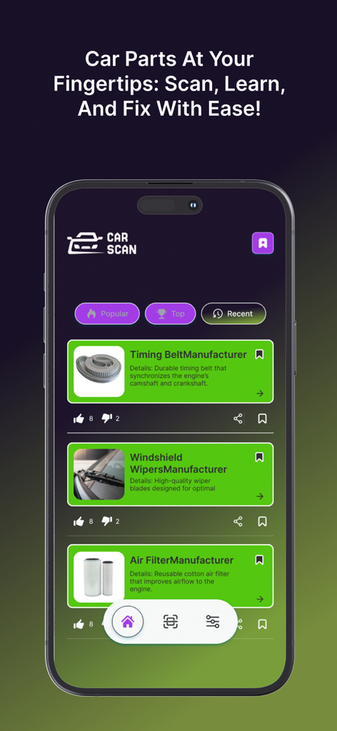 Cars Scan app interface showing a list of identified vehicle parts including timing belts and air filters