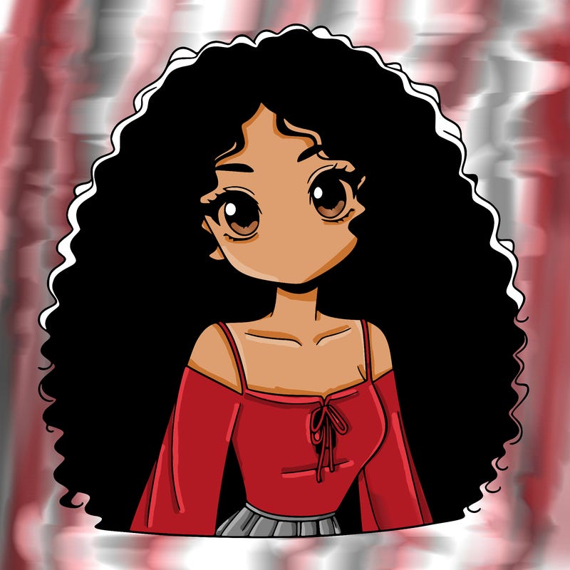 a black anime girl with long afro hair