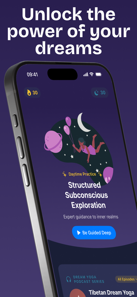 Mindful Slumber: Dream Yoga - Screenshot of Mindful Slumber Dream Yoga app showing subconscious exploration guided meditation and podcast episodes