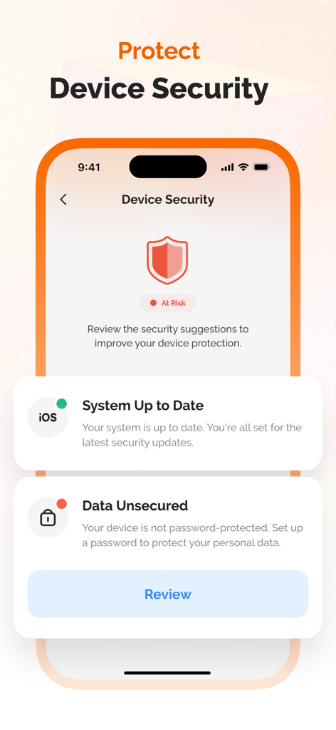 Device security dashboard in the Tidy Up app showing a security risk alert and system update status