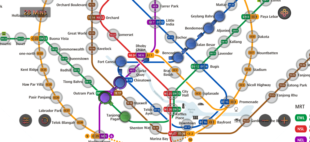 Singapore MRT Map Route(Pro) - Mapa detallado del metro MRT de Singapur con ruta y un indicador del tiempo de viaje.