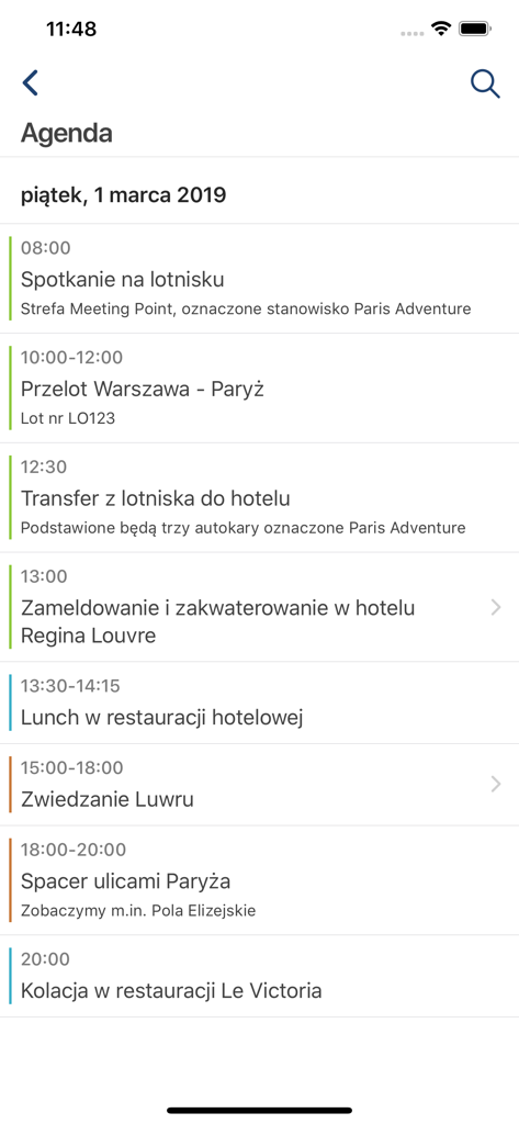 BCD Travel Poland - Agenda diaria detallada e itinerario de viaje que se muestran dentro de la aplicación móvil BCD Travel Poland.
